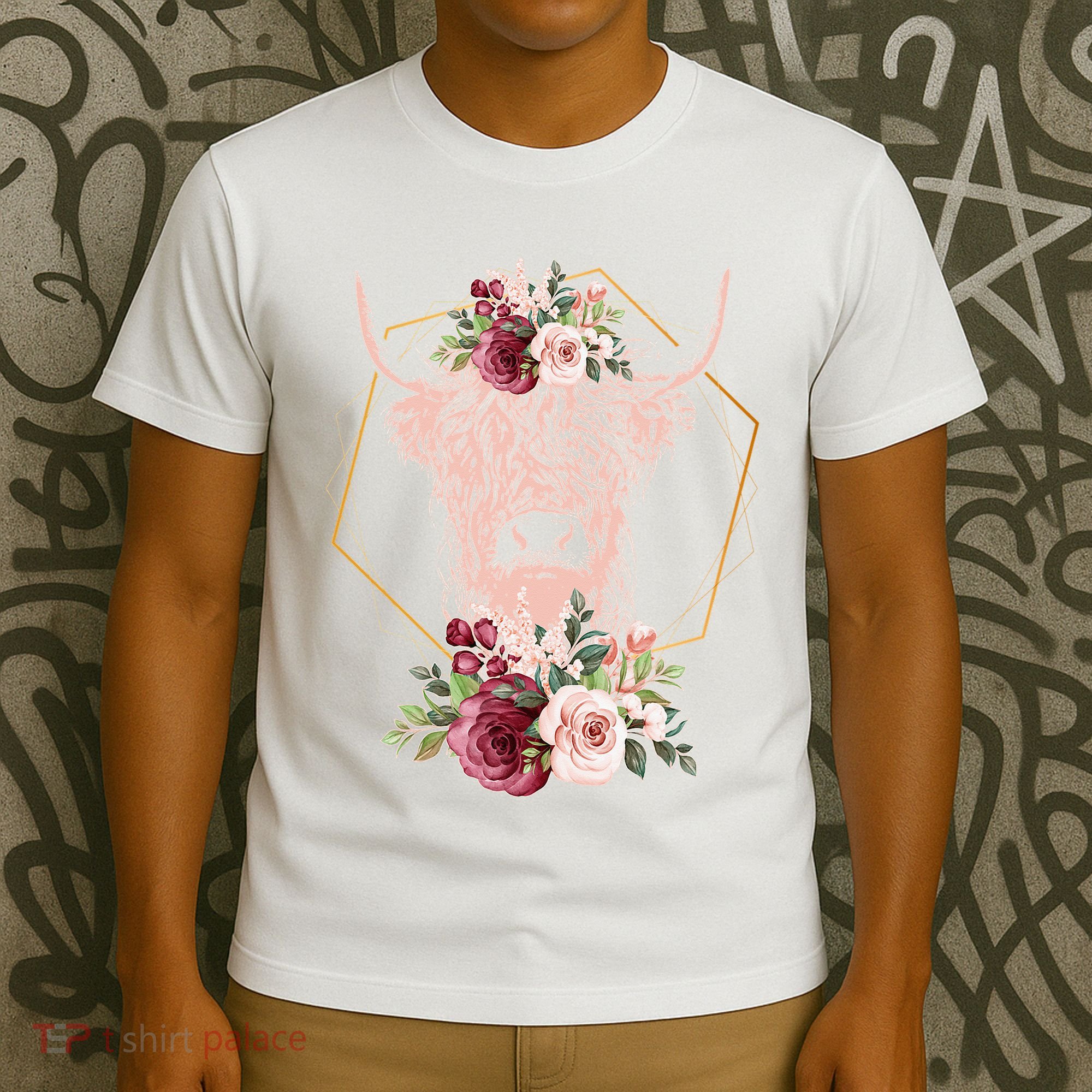 Scottish Highland Cow Cattle Hairy Cow Flowers Woman (1) T-Shirt