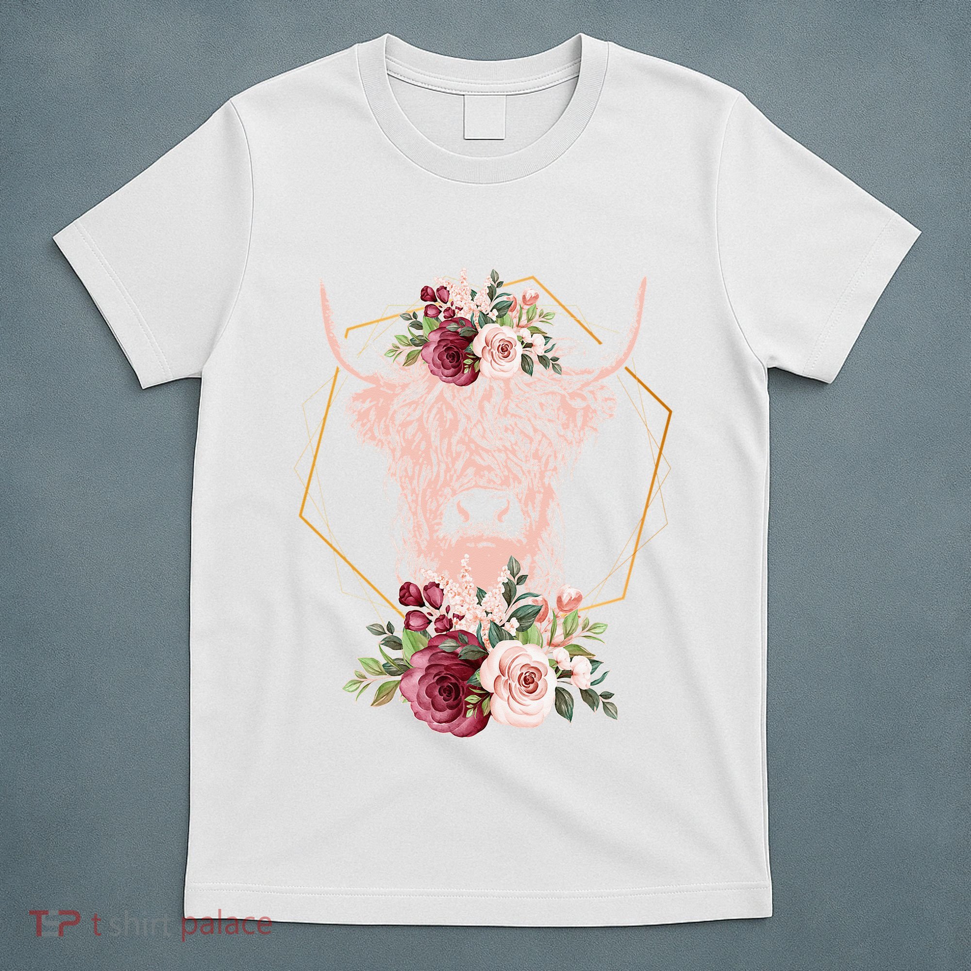 Scottish Highland Cow Cattle Hairy Cow Flowers Woman (1) T-Shirt