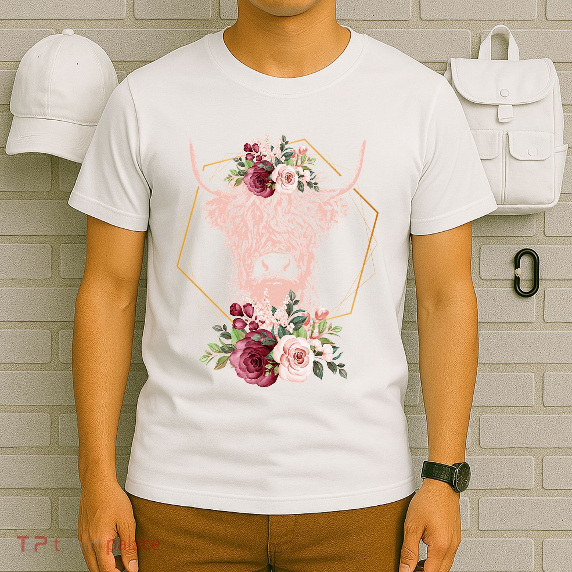 Scottish Highland Cow Cattle Hairy Cow Flowers Woman (1) T-Shirt