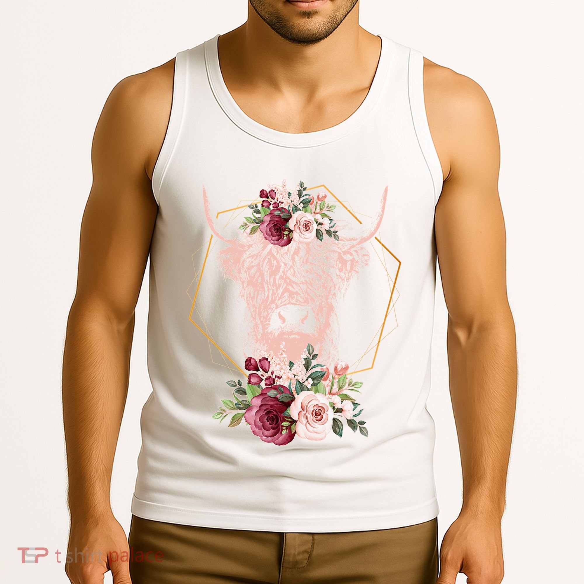 Scottish Highland Cow Cattle Hairy Cow Flowers Woman (1) Tank Top