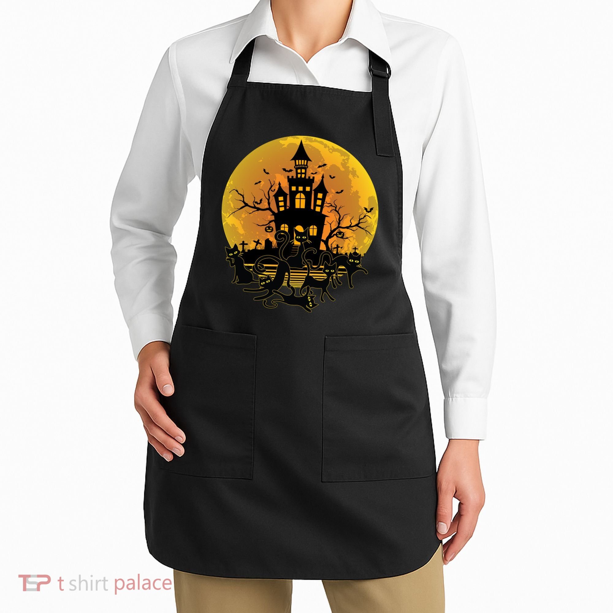 Spooky Halloween Castle Black Cats Apron