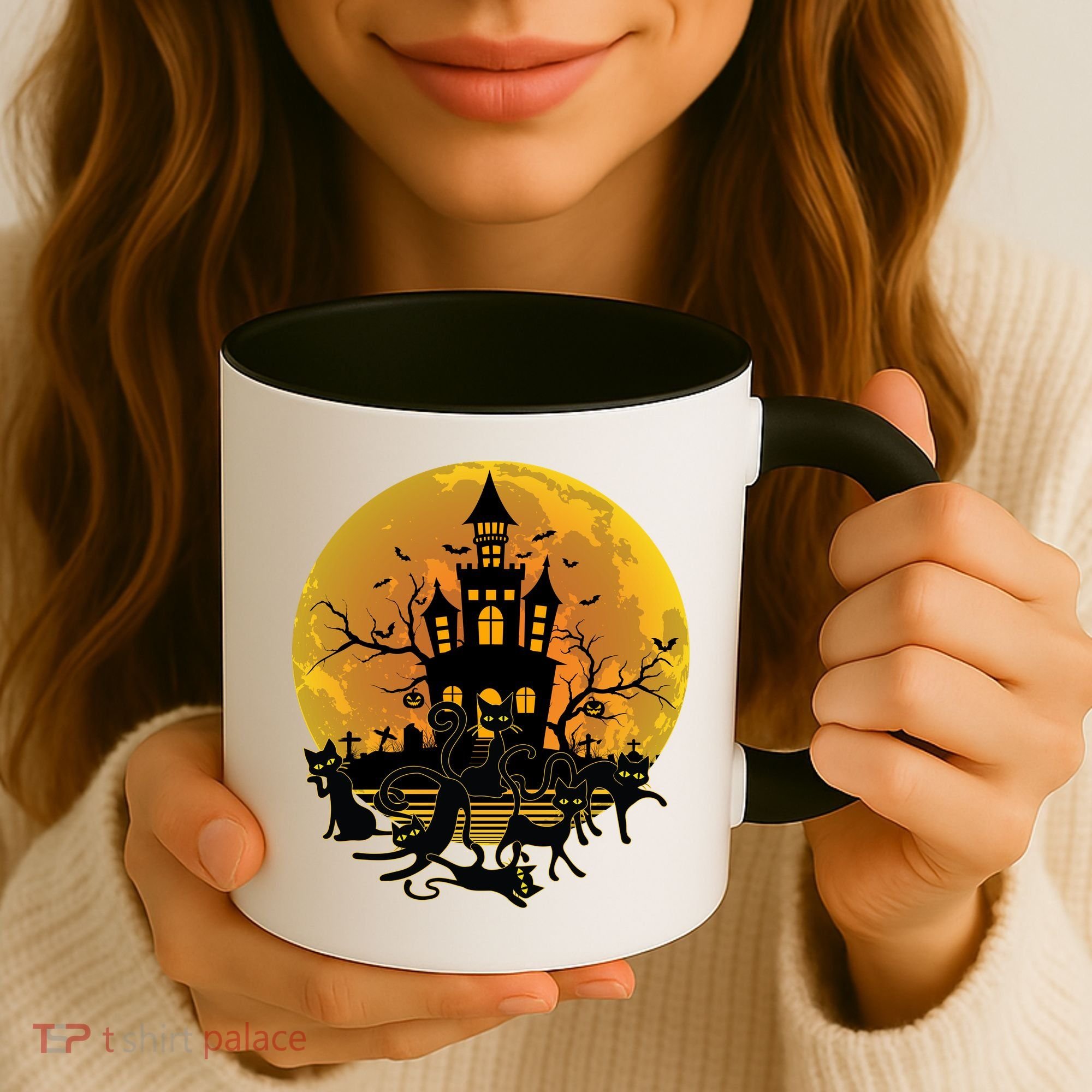Spooky Halloween Castle Black Cats Coffee Mug
