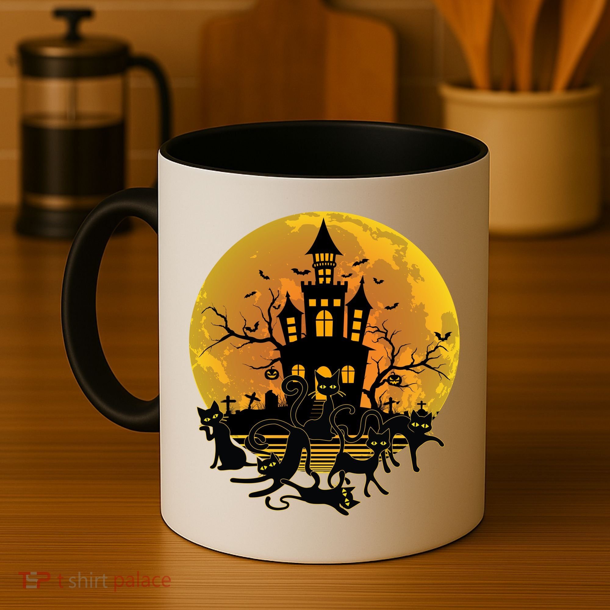 Spooky Halloween Castle Black Cats Coffee Mug