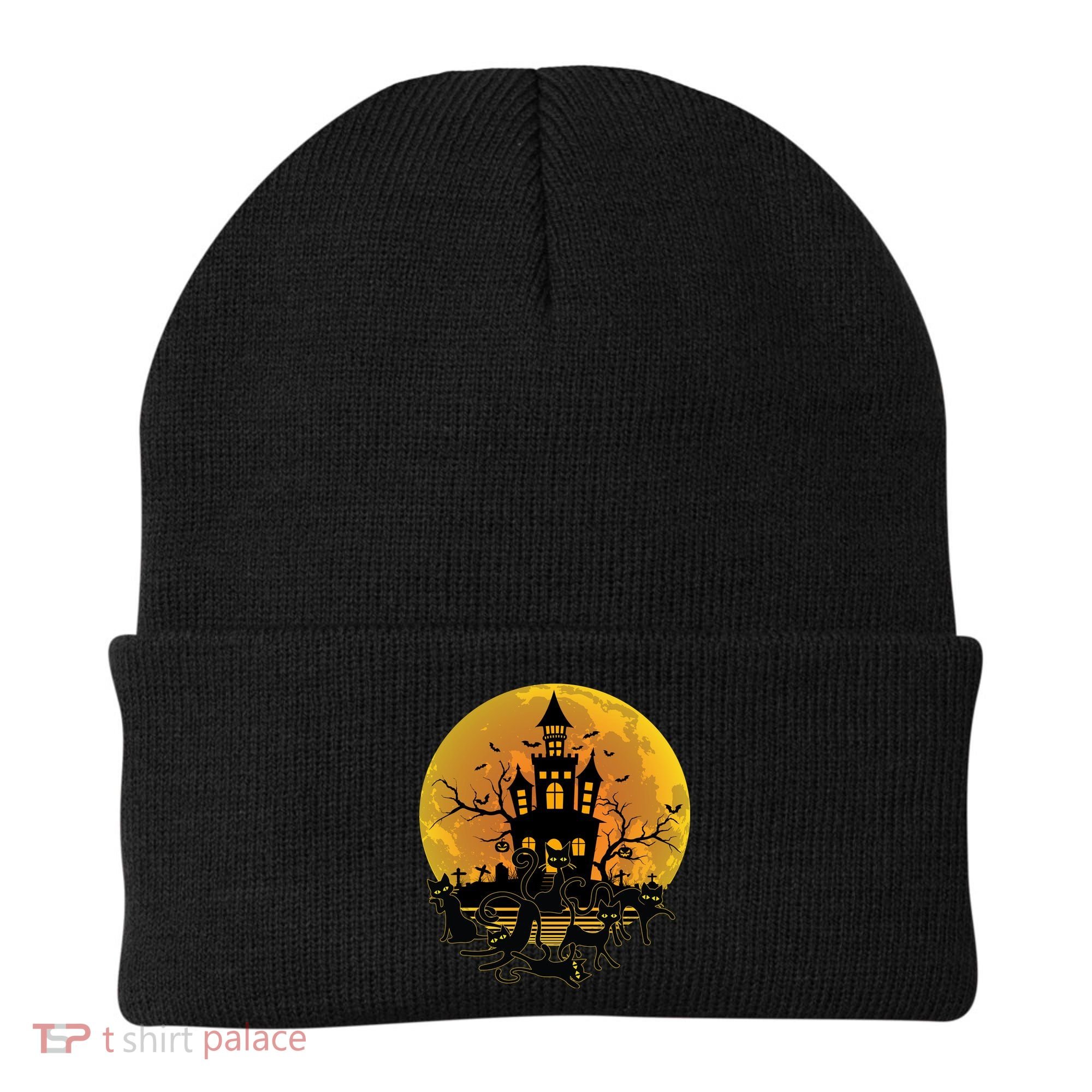 Spooky Halloween Castle Black Cats Beanie