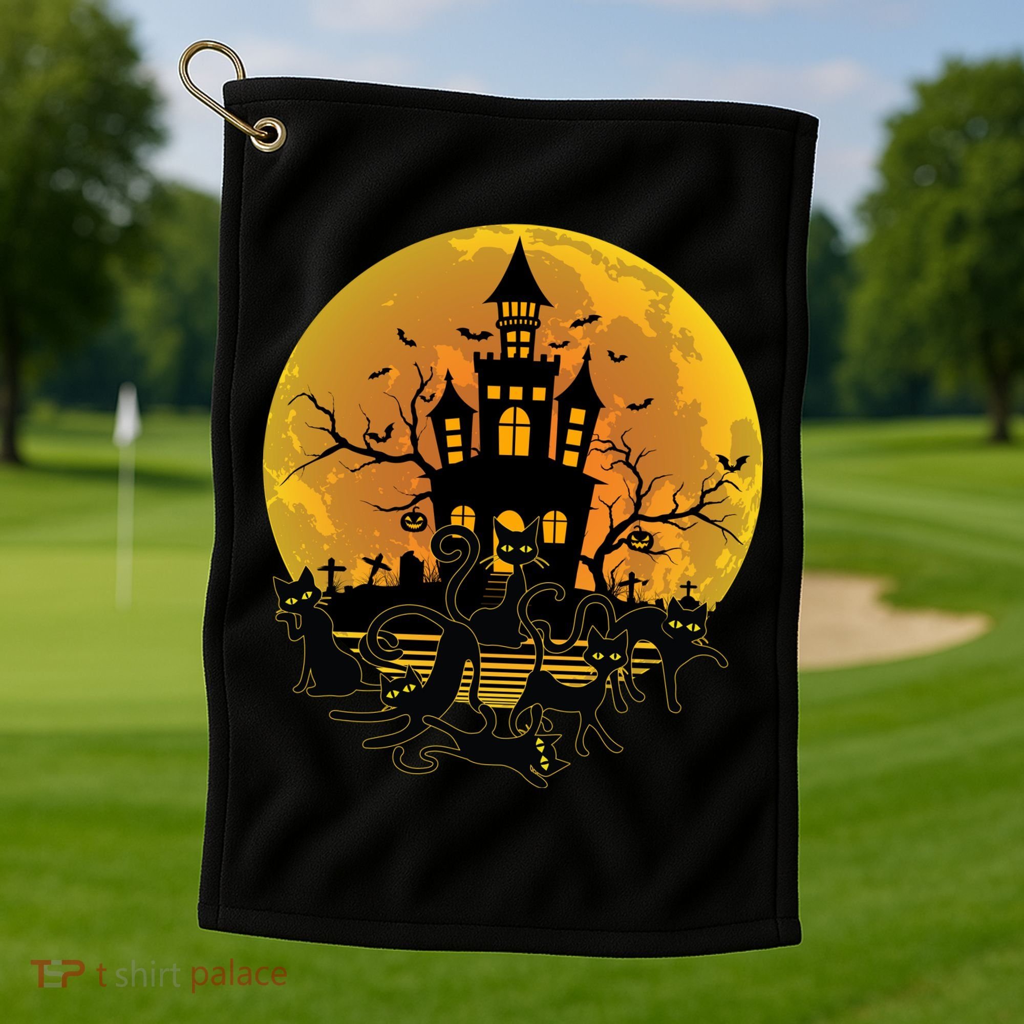 Spooky Halloween Castle Black Cats Golf Towel