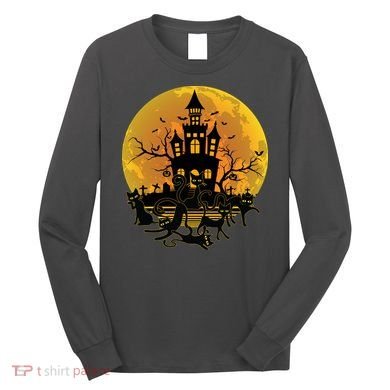 Spooky Halloween Castle Black Cats Long Sleeve Shirt