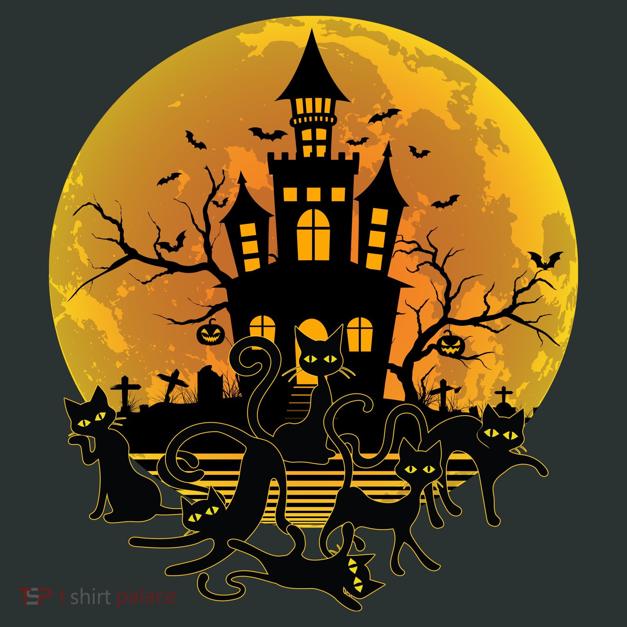 Spooky Halloween Castle Black Cats Long Sleeve Shirt