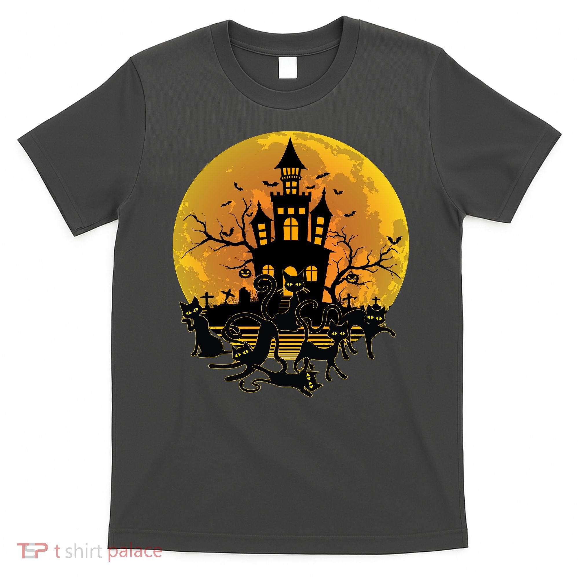 Spooky Halloween Castle Black Cats T-Shirt