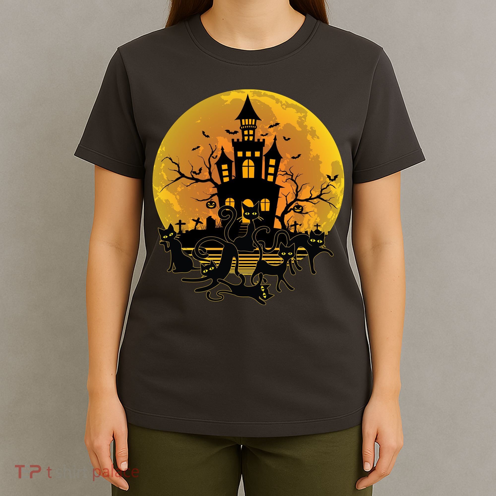 Spooky Halloween Castle Black Cats T-Shirt
