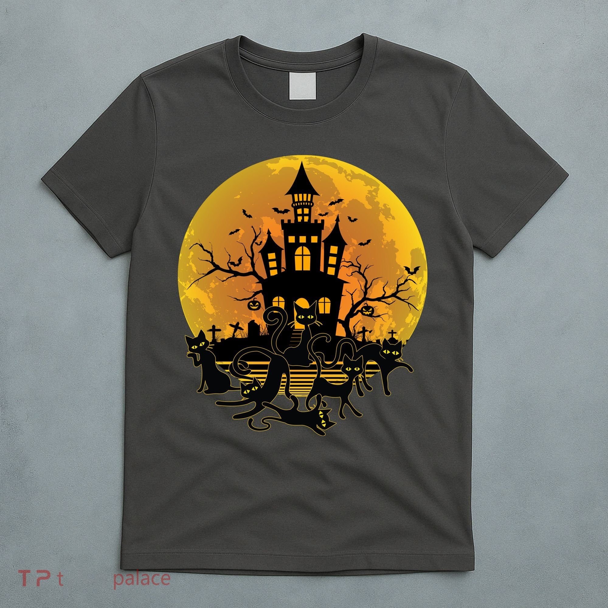 Spooky Halloween Castle Black Cats T-Shirt