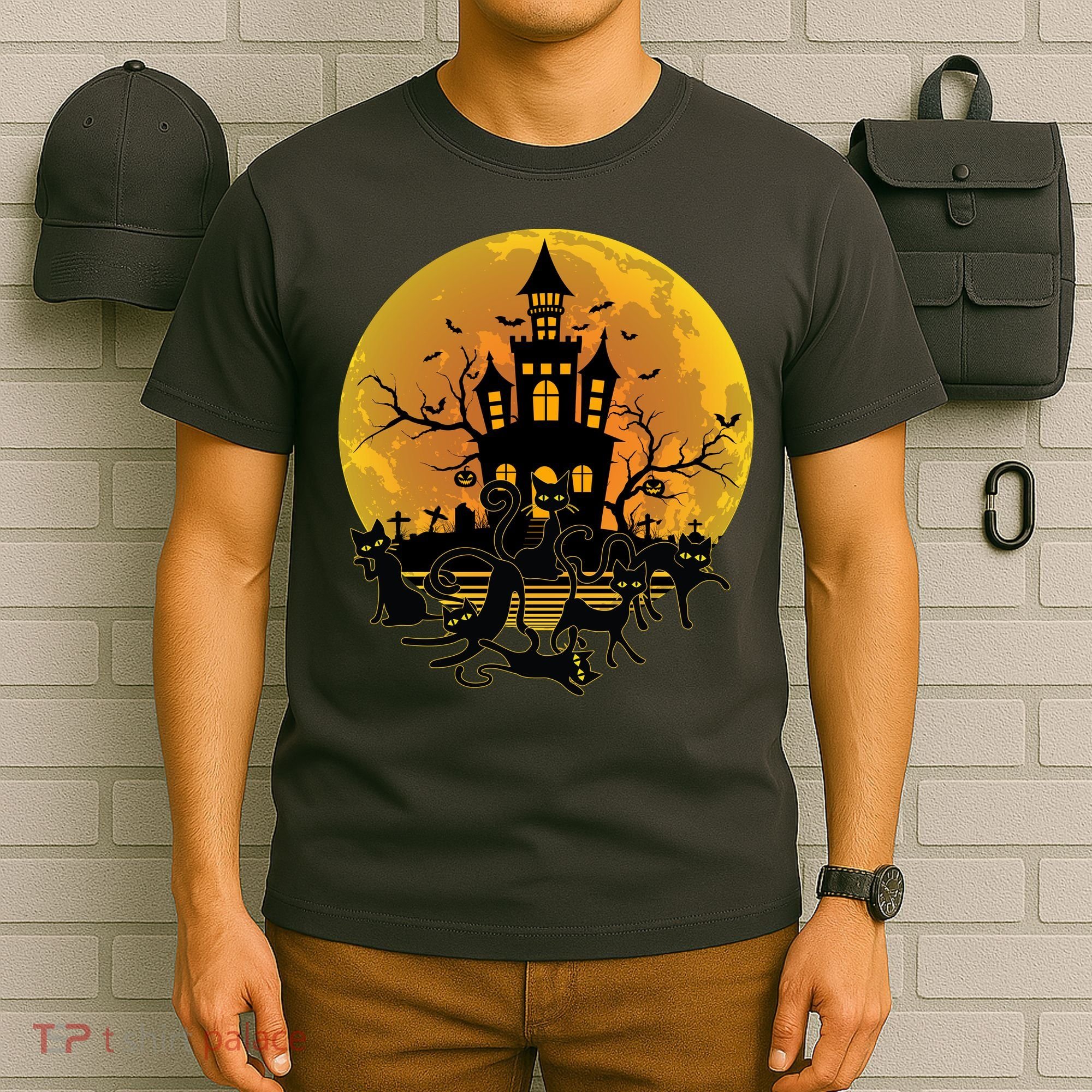 Spooky Halloween Castle Black Cats T-Shirt