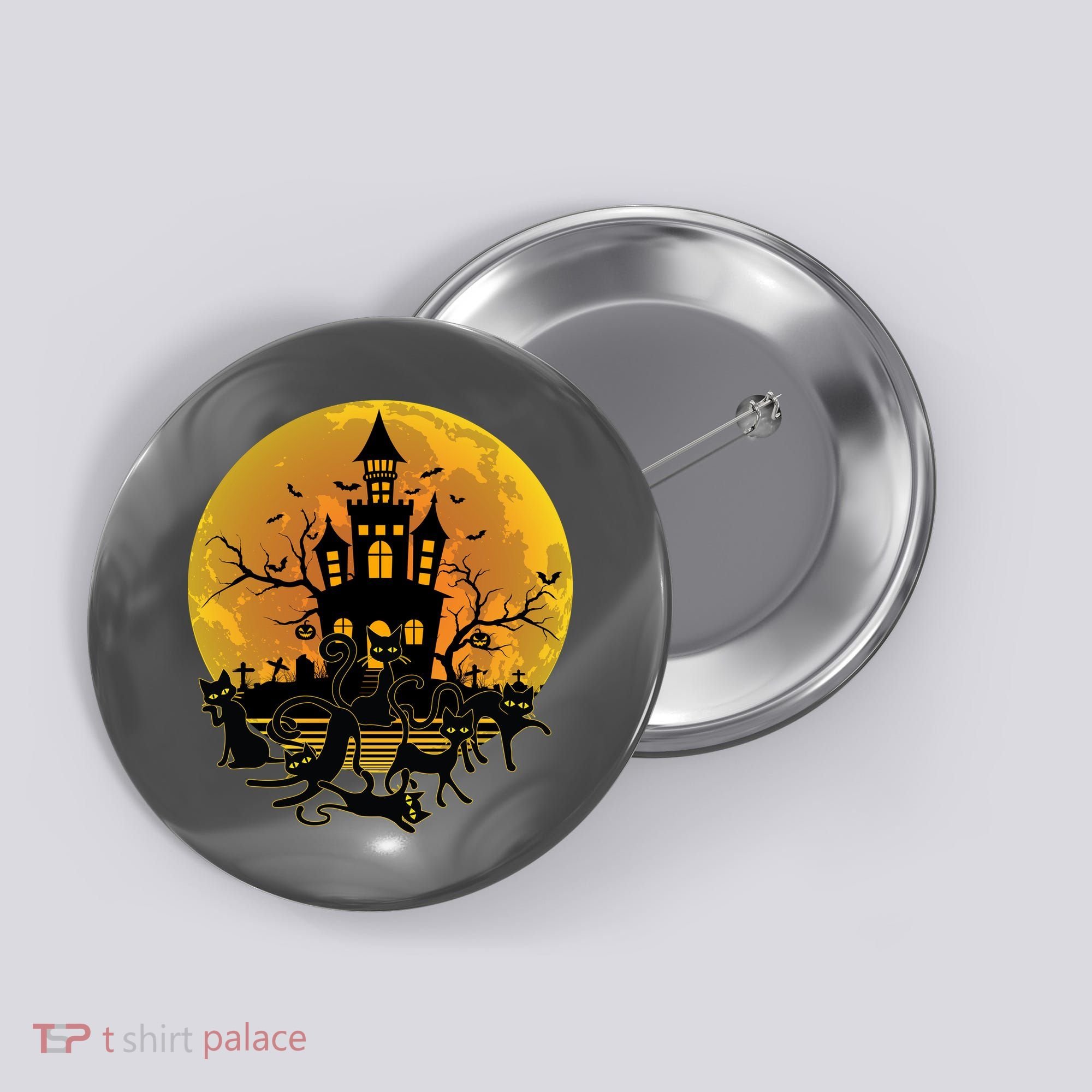 Spooky Halloween Castle Black Cats Button