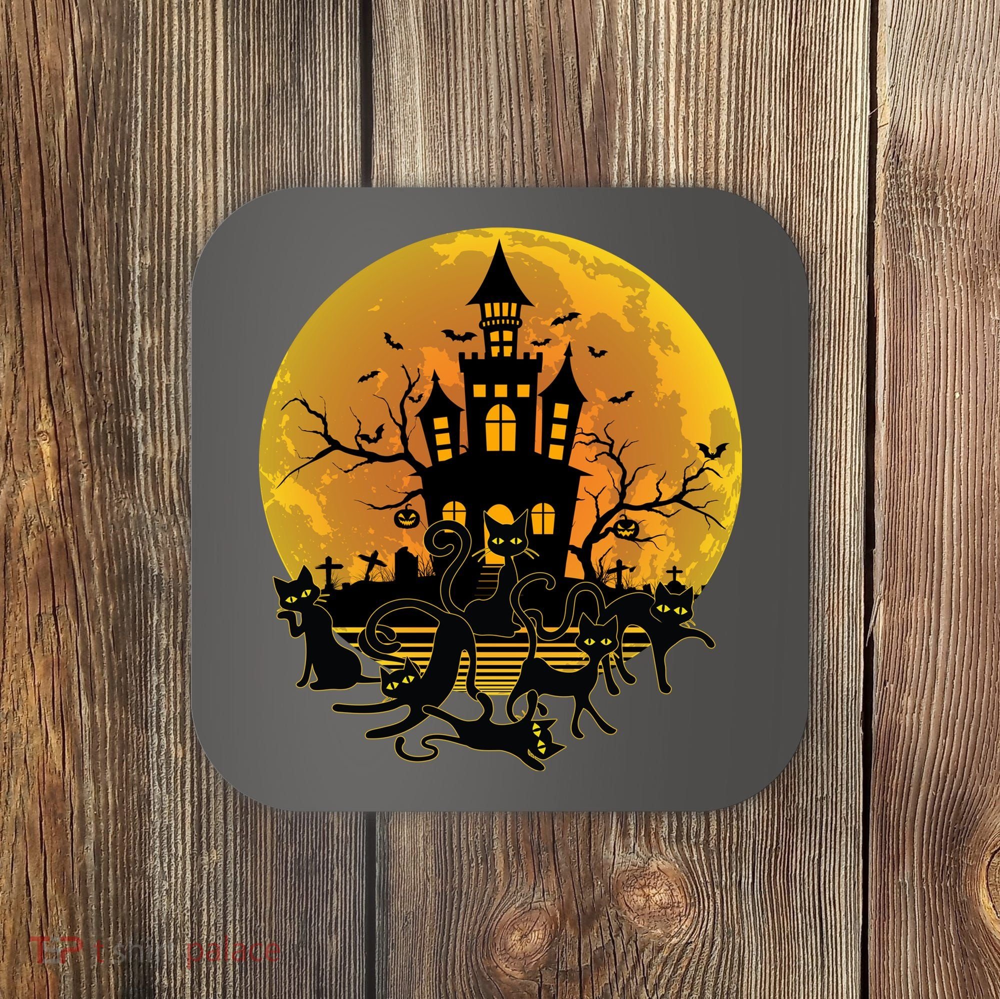 Spooky Halloween Castle Black Cats Coaster