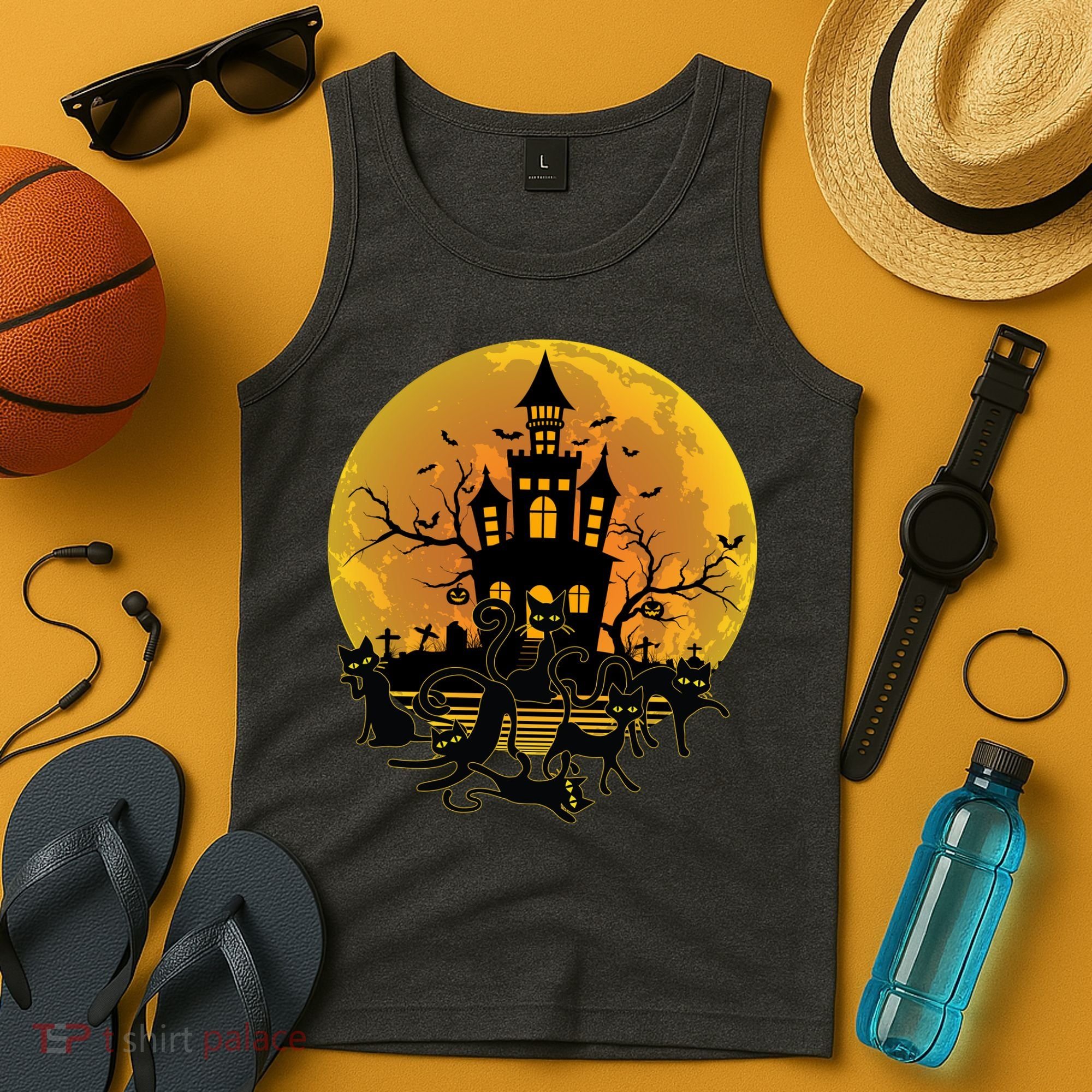 Spooky Halloween Castle Black Cats Tank Top