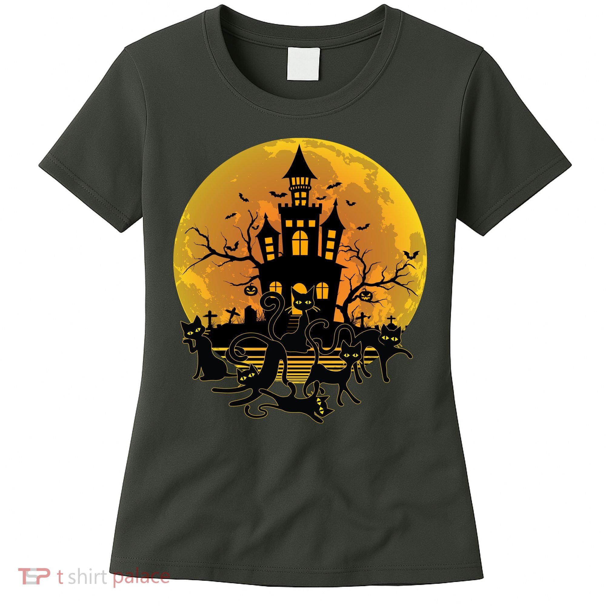 Spooky Halloween Castle Black Cats Women's T-Shirt