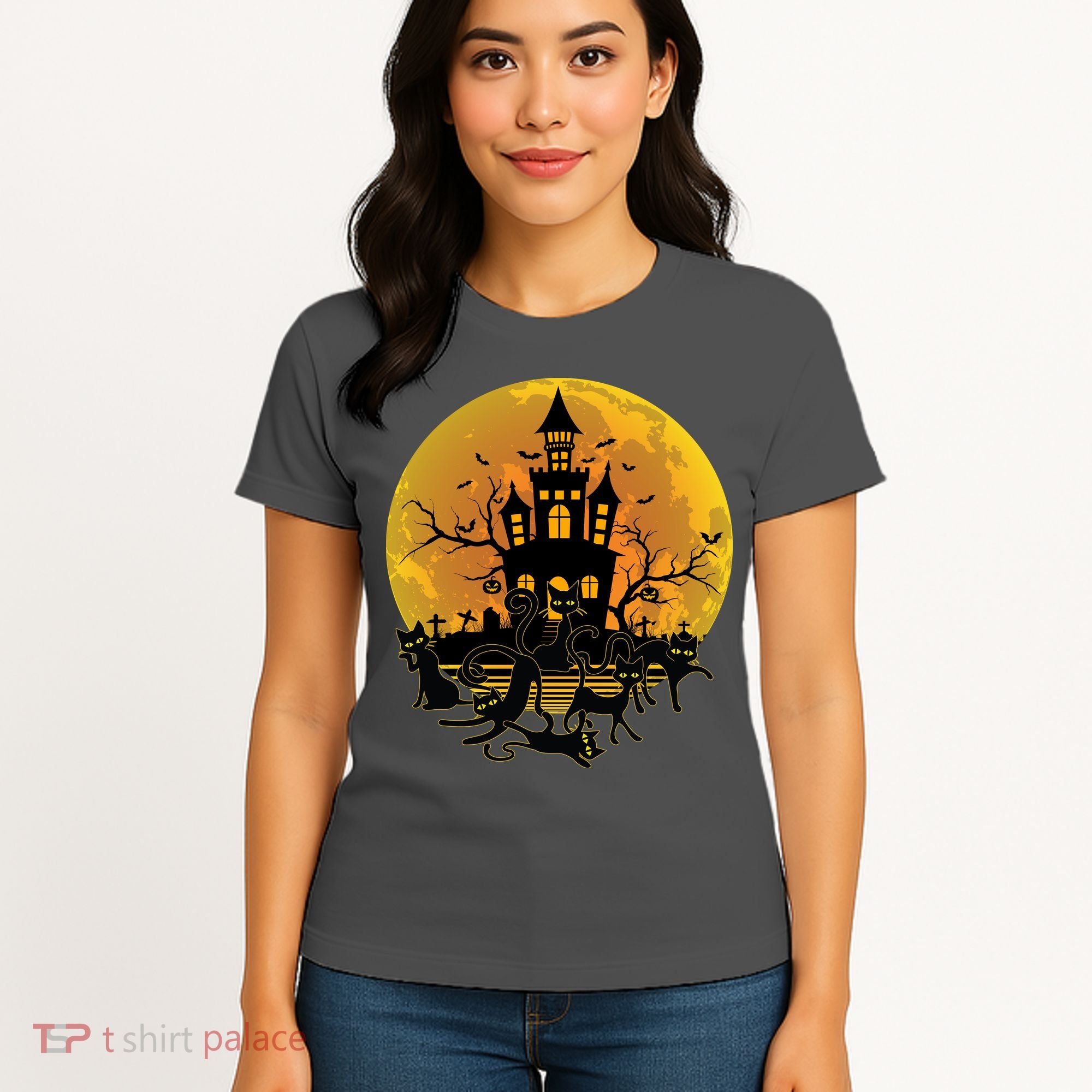 Spooky Halloween Castle Black Cats Women's T-Shirt