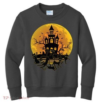 Spooky Halloween Castle Black Cats Kids Sweatshirt