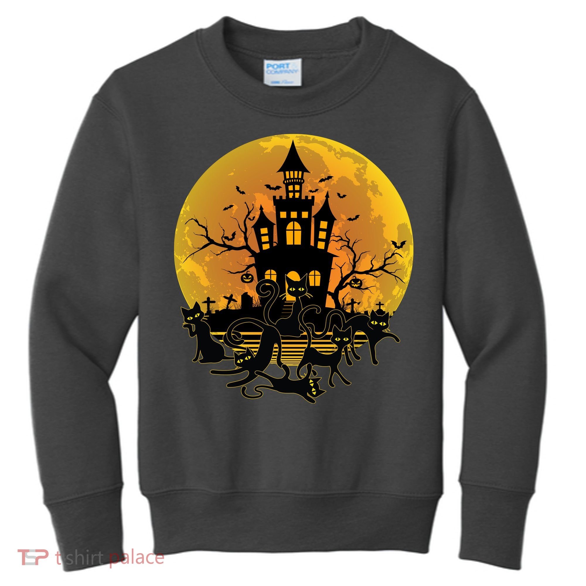 Spooky Halloween Castle Black Cats Kids Sweatshirt