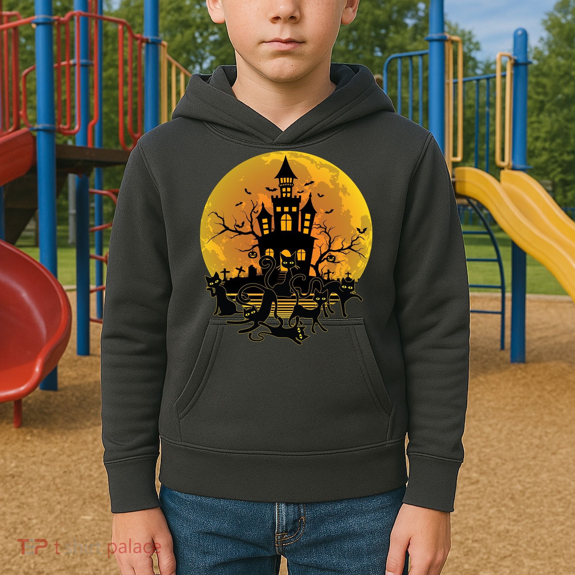Spooky Halloween Castle Black Cats Kids Hoodie