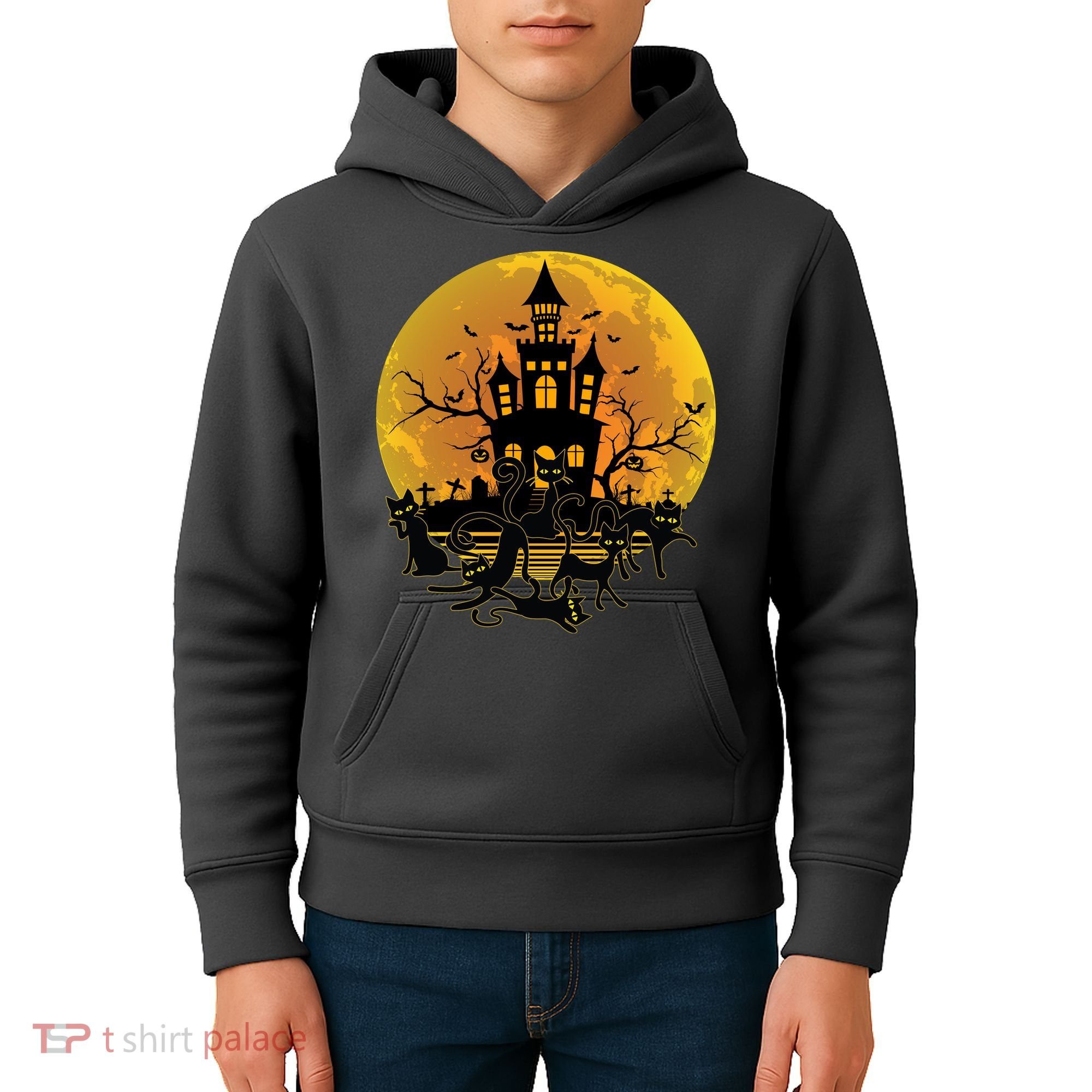 Spooky Halloween Castle Black Cats Kids Hoodie
