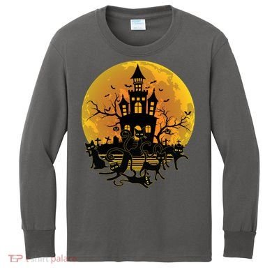 Spooky Halloween Castle Black Cats Kids Long Sleeve Shirt