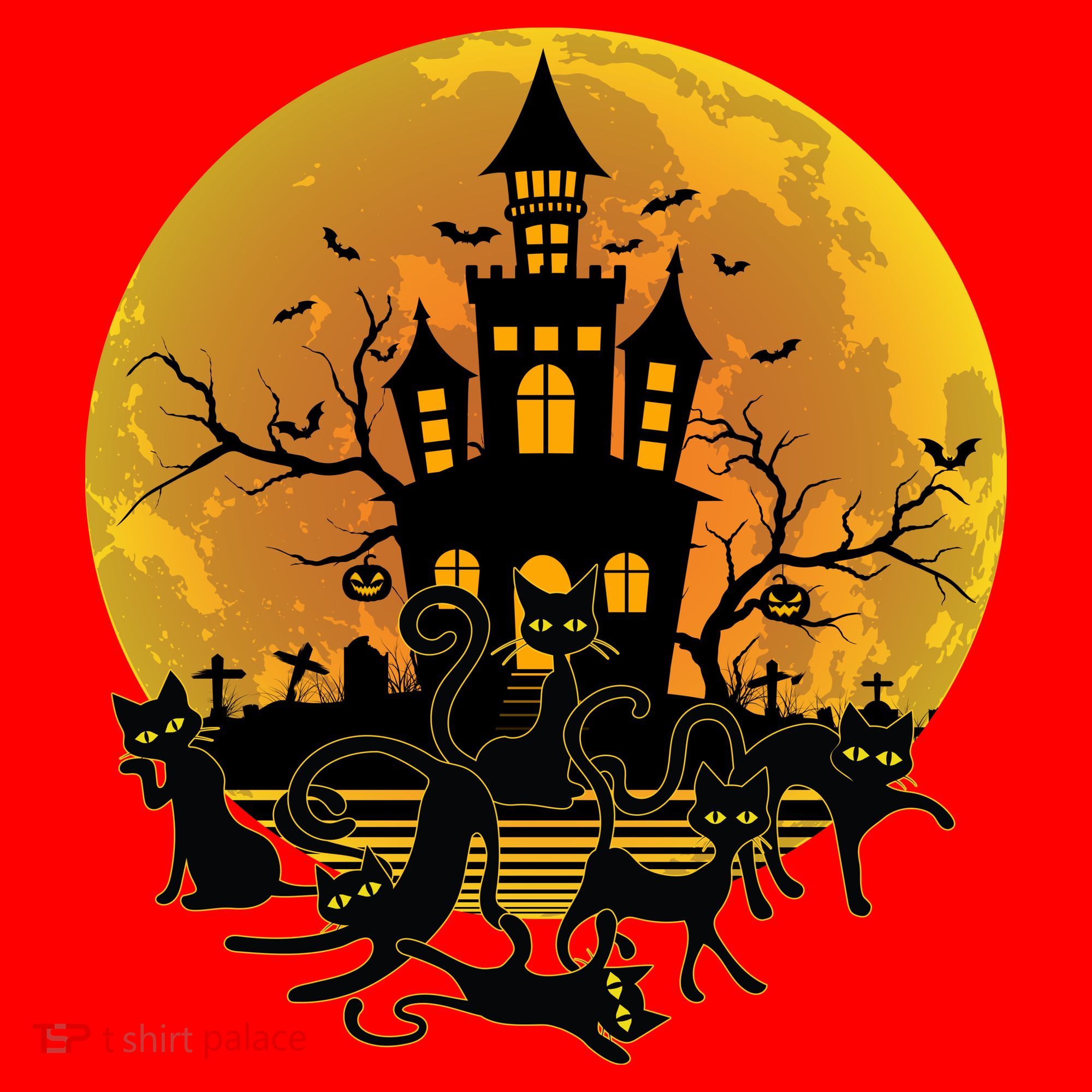 Spooky Halloween Castle Black Cats Santa Hat