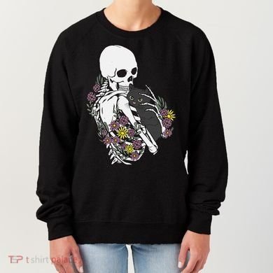 Skeleton Hugging Cat Flowers Skeleton Black Cat Women's Sweatshirt