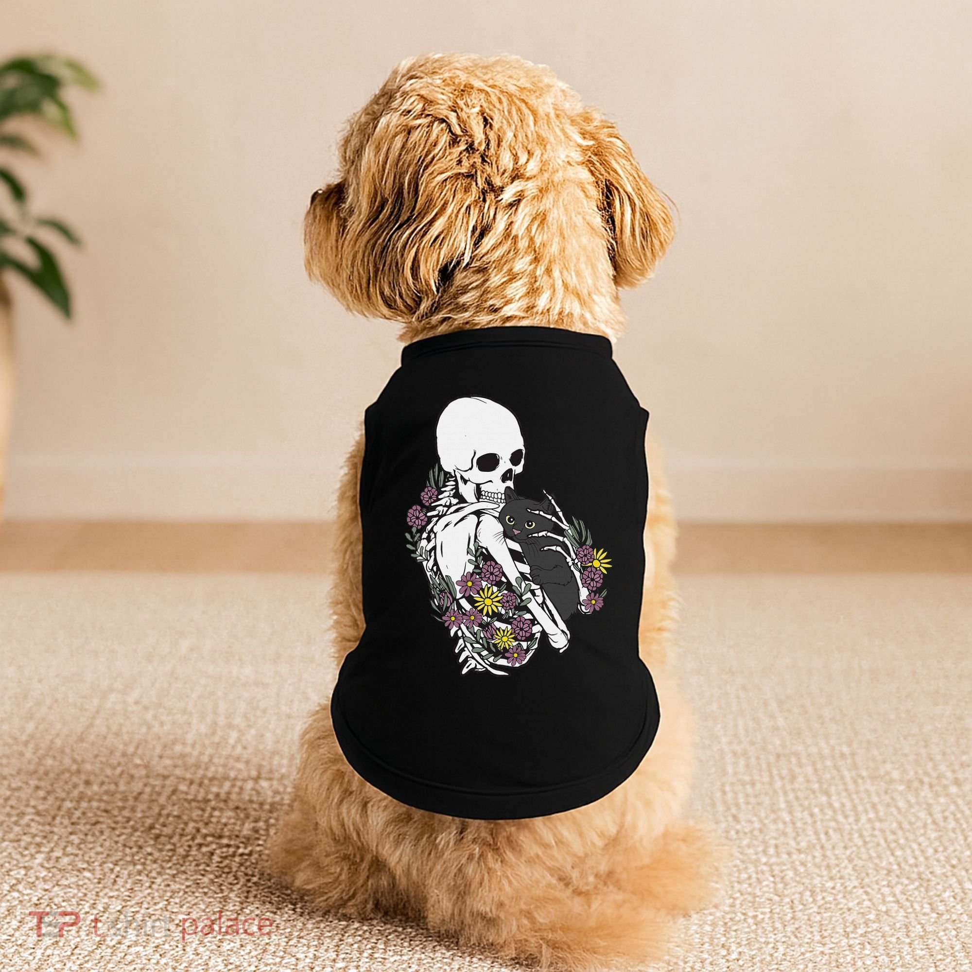 Skeleton Hugging Cat Flowers Skeleton Black Cat Doggie Tank