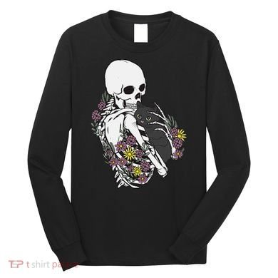 Skeleton Hugging Cat Flowers Skeleton Black Cat Long Sleeve Shirt