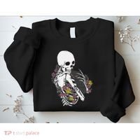 Skeleton Hugging Cat Flowers Skeleton Black Cat Sweatshirt thumb 2