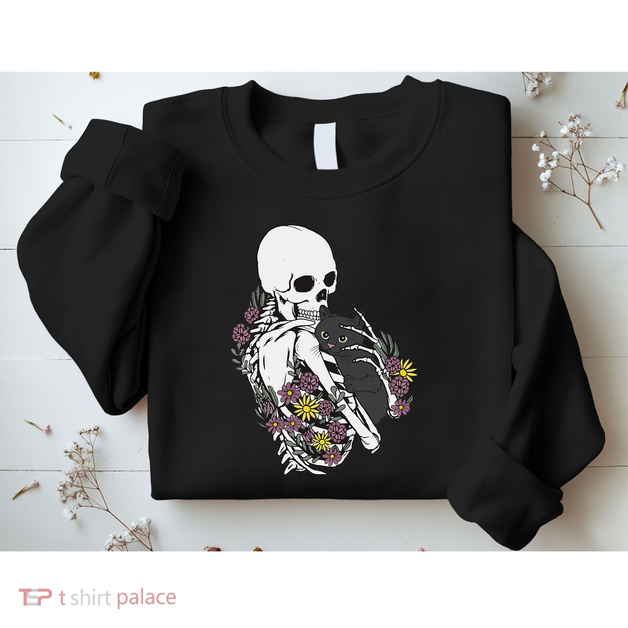 Skeleton Hugging Cat Flowers Skeleton Black Cat Sweatshirt
