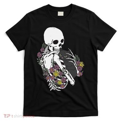 Skeleton Hugging Cat Flowers Skeleton Black Cat T-Shirt