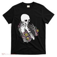 Skeleton Hugging Cat Flowers Skeleton Black Cat T-Shirt thumb 0