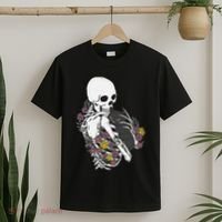 Skeleton Hugging Cat Flowers Skeleton Black Cat T-Shirt thumb 2