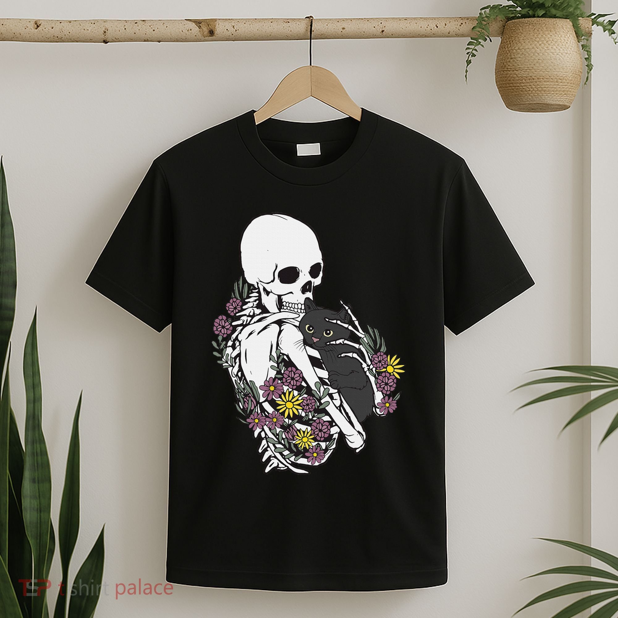 Skeleton Hugging Cat Flowers Skeleton Black Cat T-Shirt