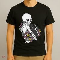 Skeleton Hugging Cat Flowers Skeleton Black Cat T-Shirt thumb 3