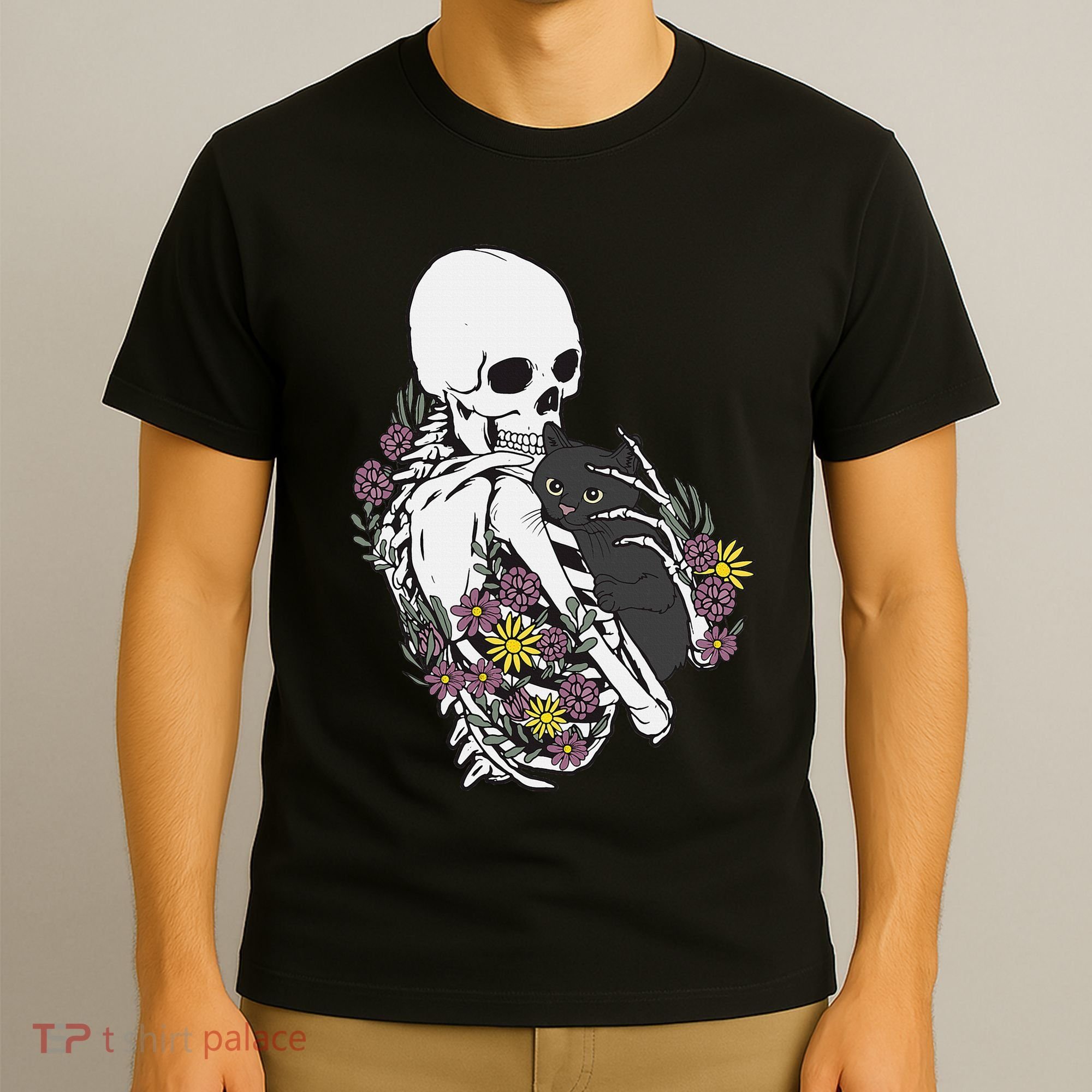 Skeleton Hugging Cat Flowers Skeleton Black Cat T-Shirt