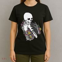 Skeleton Hugging Cat Flowers Skeleton Black Cat T-Shirt thumb 4