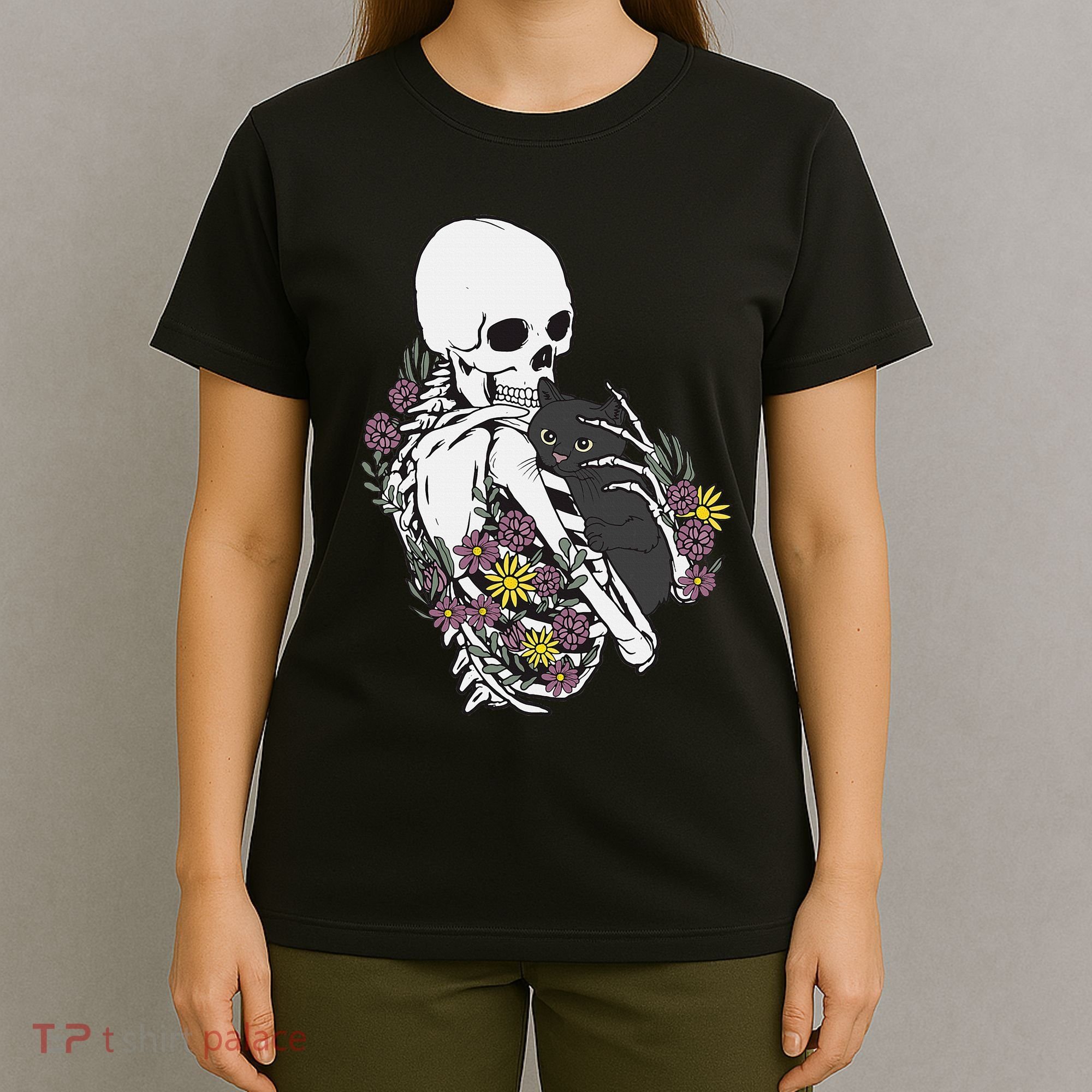 Skeleton Hugging Cat Flowers Skeleton Black Cat T-Shirt