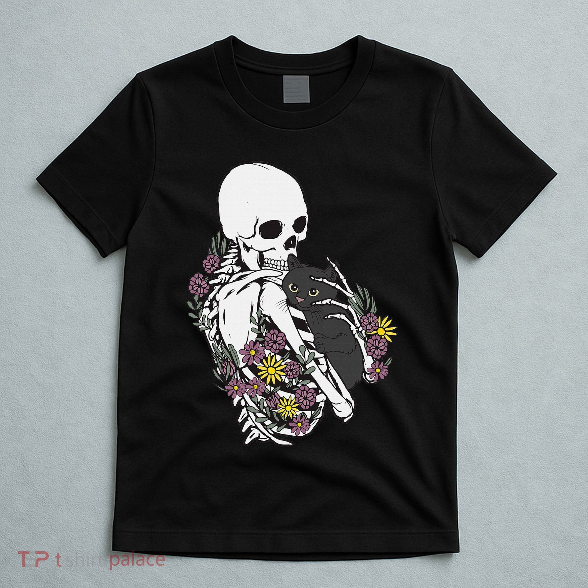 Skeleton Hugging Cat Flowers Skeleton Black Cat T-Shirt