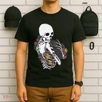 Skeleton Hugging Cat Flowers Skeleton Black Cat T-Shirt thumb 6