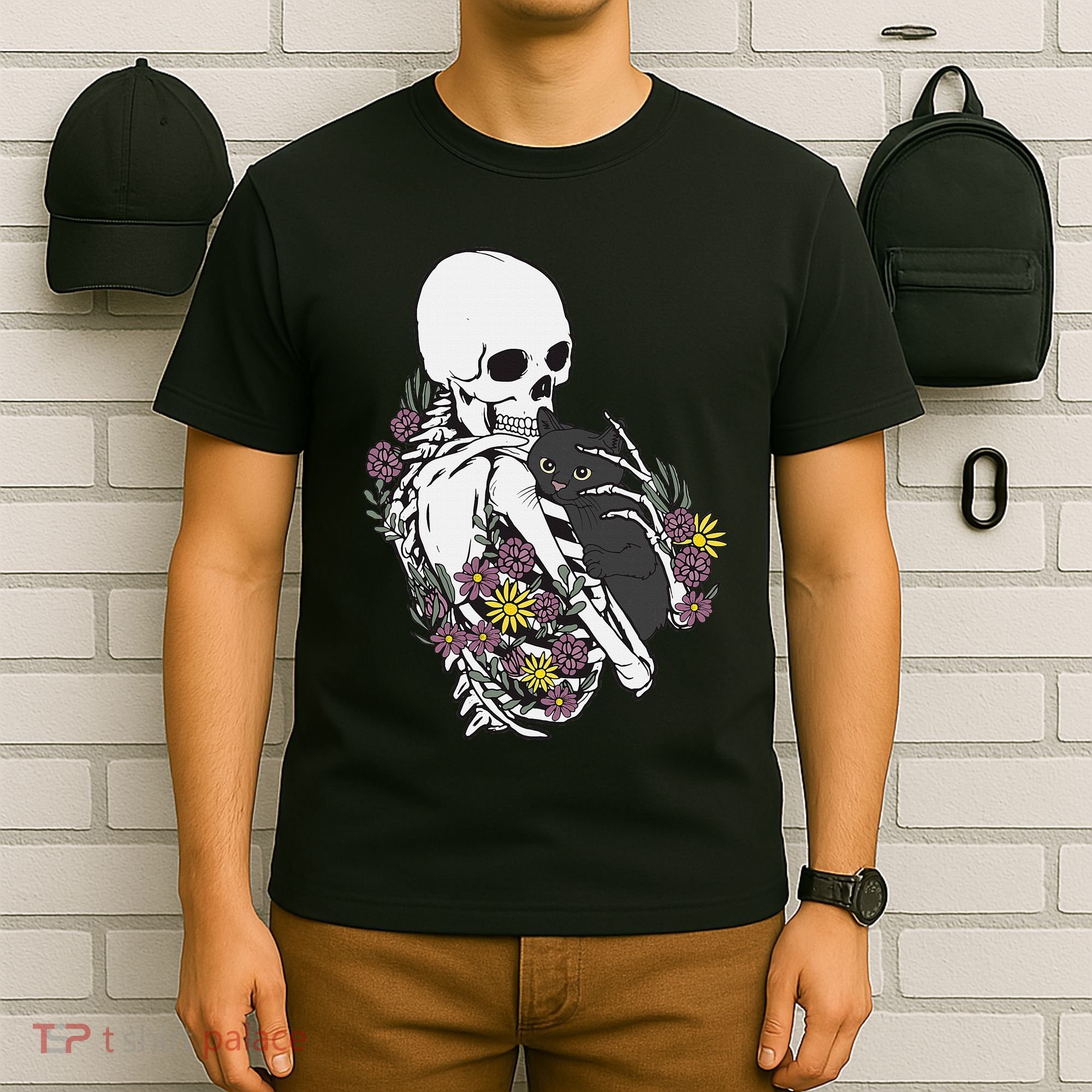 Skeleton Hugging Cat Flowers Skeleton Black Cat T-Shirt