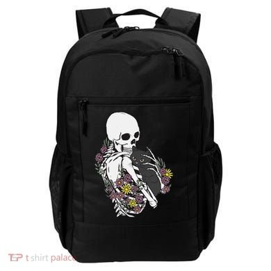 Skeleton Hugging Cat Flowers Skeleton Black Cat Backpack