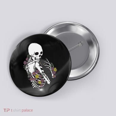 Skeleton Hugging Cat Flowers Skeleton Black Cat Button