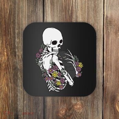 Skeleton Hugging Cat Flowers Skeleton Black Cat Coaster