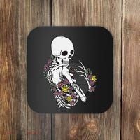 Skeleton Hugging Cat Flowers Skeleton Black Cat Coaster thumb 0