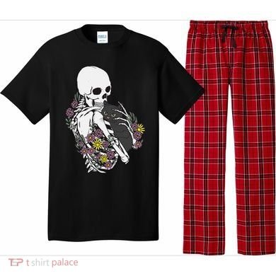 Skeleton Hugging Cat Flowers Skeleton Black Cat Pajama Set