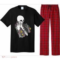 Skeleton Hugging Cat Flowers Skeleton Black Cat Pajama Set thumb 0