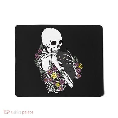 Skeleton Hugging Cat Flowers Skeleton Black Cat Mousepad