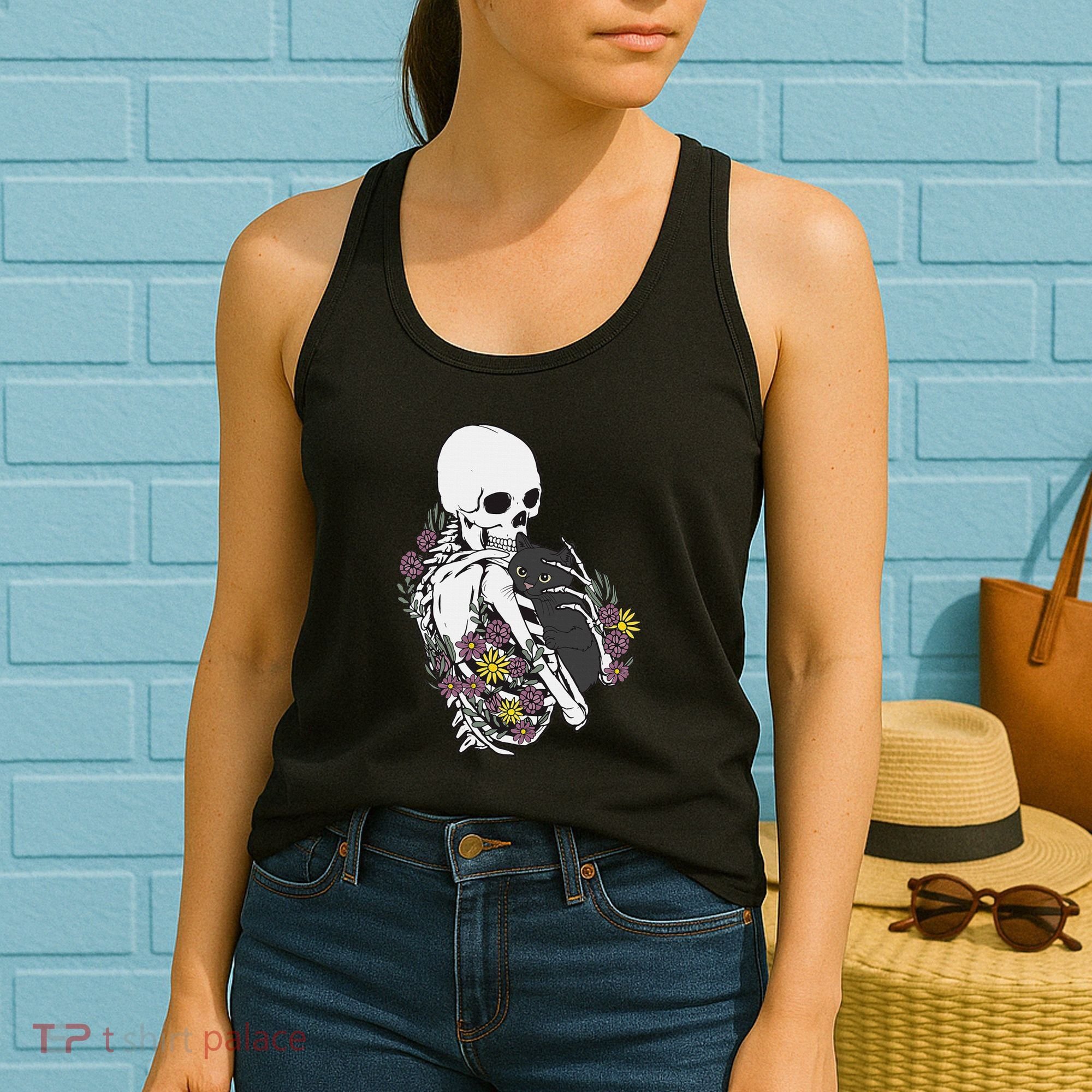 Skeleton Hugging Cat Flowers Skeleton Black Cat Women's Tank Top